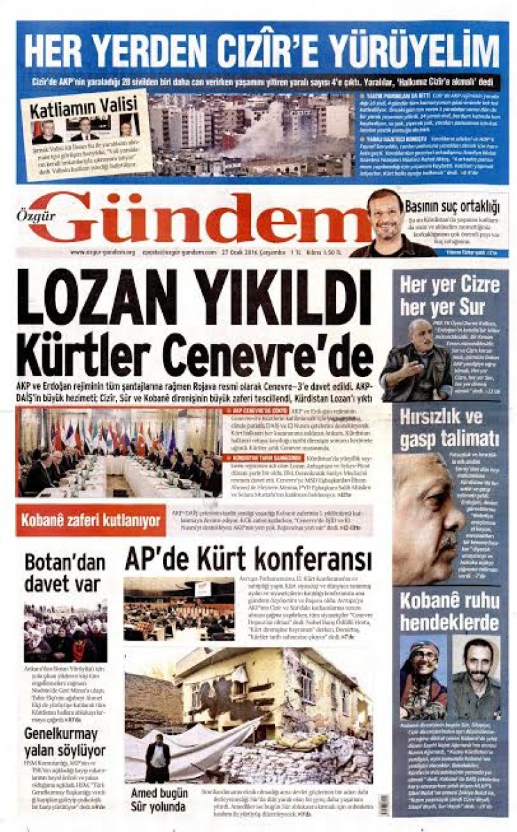 Kürdistan'da yüzyıllık soykırımın adı imiş Lozan Antlaşması. PYD'nin Cenevre konferasında temsil edilmesiyle birlikte Lozan ve Skyes-Picot Antlaşmalarının yıkıldığı yazıyor. Skyes-Picot'la paylaşılmayı amaçlanan vatan topraklarının, Lozan'la bütünlüğü teminat altına alınmıştır. Lozan yıkıldı denilerek aslında Cumhuriyet hedef alınıyor, bölücü amaçlar gazete manşetinden açıkça ifade edililyor.
