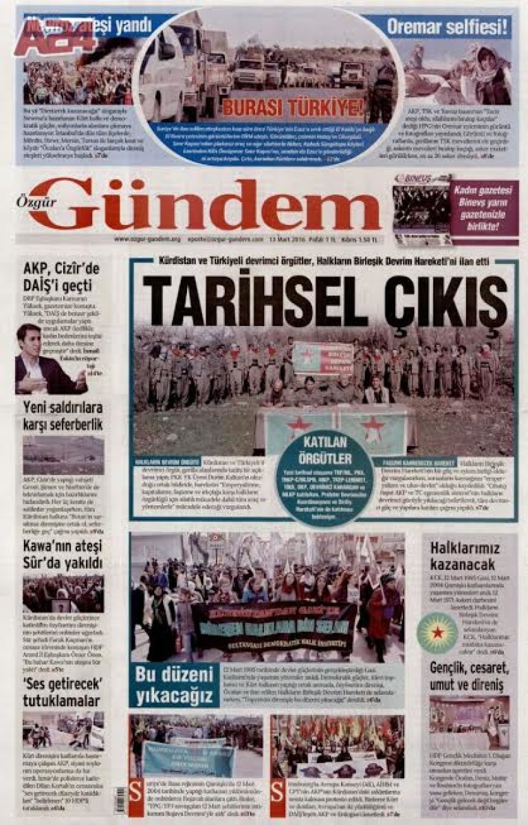 Özgür Gündem'in bir paçavradan ibaret olduğunu burada da görmekteyiz. Vatan topraklarında faaliyet gösteren terör örgütlerinden bazılarının (içinde PKK'nın da olduğu) Cumhuriyet'e karşı birleşmelerini tarihsel bir çıkış olarak görüyor. Ancak zaman içerisinde görmüş olduk ki bu tür adımlar safları daha da netleştiriyor, saflar vatanseverler ve bölücüler olmak üzere berraklaşıyor. Bu saflaşmada da emperyalist destekli bölücü hareketin başı ezilmektedir. İşte asıl "Tarihsel Çıkış" budur!