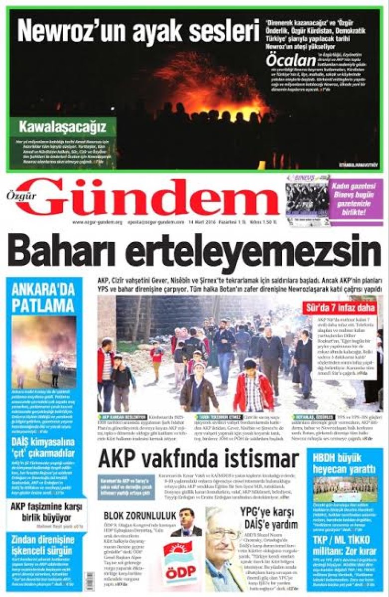 Polis Özel Harekat ve Jandarma Özel Harekat'ın yürüttüğü başarılı operasyonlarla PKK'nın beli kırılırken Özgür Gündem bunu vahşet olarak yansıtıyor. Vahşeti PKK, halkı ateşin önüne atarak yapmasına rağmen buna dair en ufak bir şey göremiyoruz. Ayrıca yine PKK'nın üstlendiği Ankara patlamasını ise aynı sayıda kutlayarak veriyor. Özgür Gündem'e göre masum insanları katletmek özgürlüğün ta kendisi. O susturulunca "özgür basına baskı" olmuş oluyor.