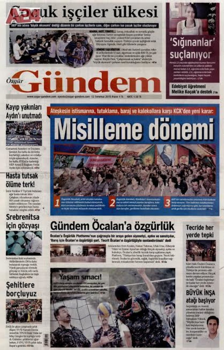 Açılım sürecinde şehirlerde yuvalanan ve 7 Haziran seçimlerinin ardından eylemliliğini artıran PKK'ya karşı tedbirleri artıran Türk Ordusu'na terör örgütü tarafından bir misilleme döneminin başlatıldığının açık göstergesi. İnşa edilen kalekolların ve askeri barajların hedef alındığı PKK manifestosunu bu sayının manşetinde yer alıyor.