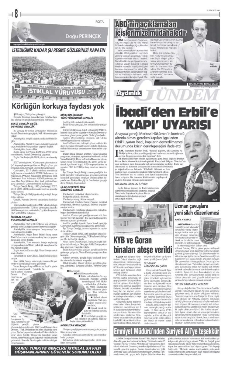 Vatan Partisi Genel Başkanı Doğu Perinçek'in Aydınlık'ta 31.10.2017 tarihinde yazdığı yazı