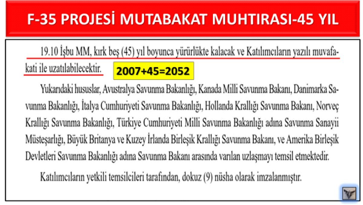 F-35 Projesi Mutabakat Muhtırası Yürürlülük Süresi 45 Yıl Maddesi (19.10)