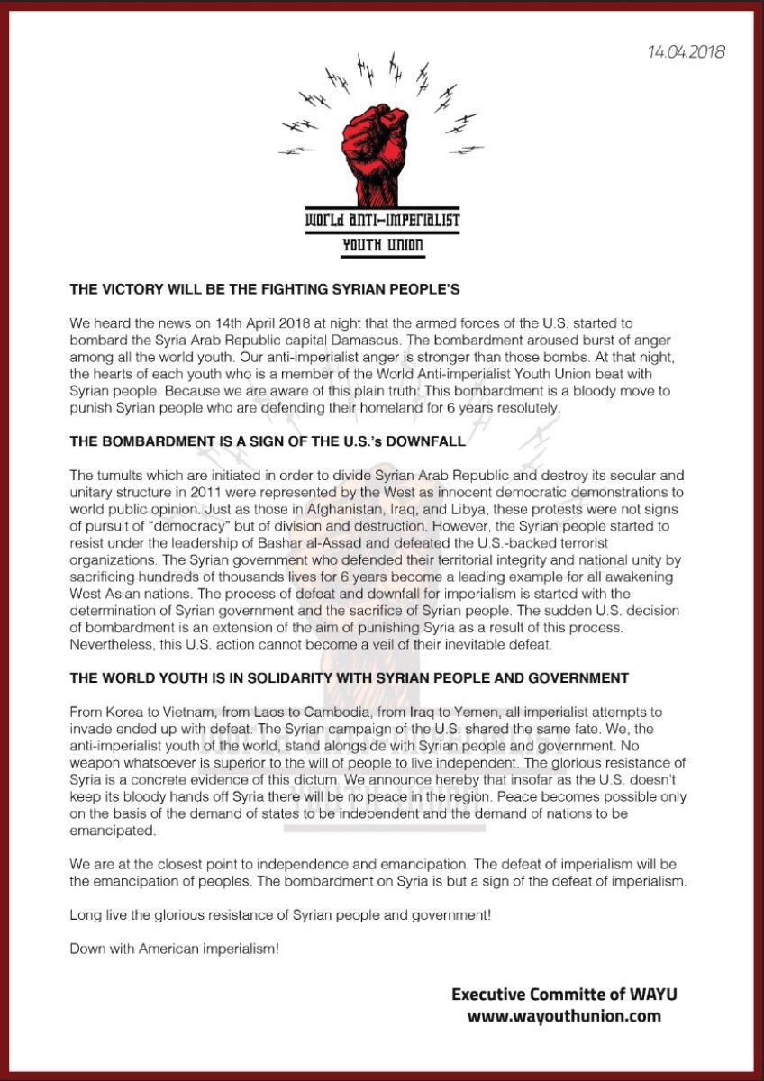 Dünya Anti-emperyalist Gençlik Birliği'nden yapılan açıklama