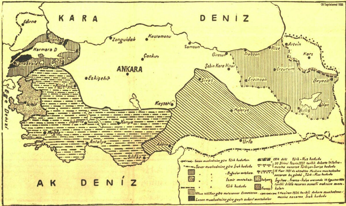 1933 yılında yayınlanan bir Sevr Antlaşması haritası