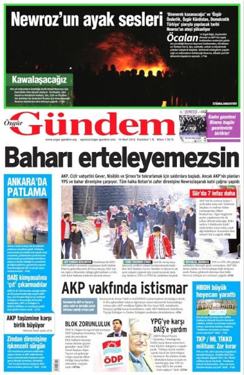 Polis Özel Harekat ve Jandarma Özel Harekat'ın yürüttüğü başarılı operasyonlarla PKK'nın beli kırılırken Özgür Gündem bunu vahşet olarak yansıtıyor. Vahşeti PKK, halkı ateşin önüne atarak yapmasına rağmen buna dair en ufak bir şey göremiyoruz. Ayrıca yine PKK'nın üstlendiği Ankara patlamasını ise aynı sayıda kutlayarak veriyor. Özgür Gündem'e göre masum insanları katletmek özgürlüğün ta kendisi. O susturulunca "özgür basına baskı" olmuş oluyor.
