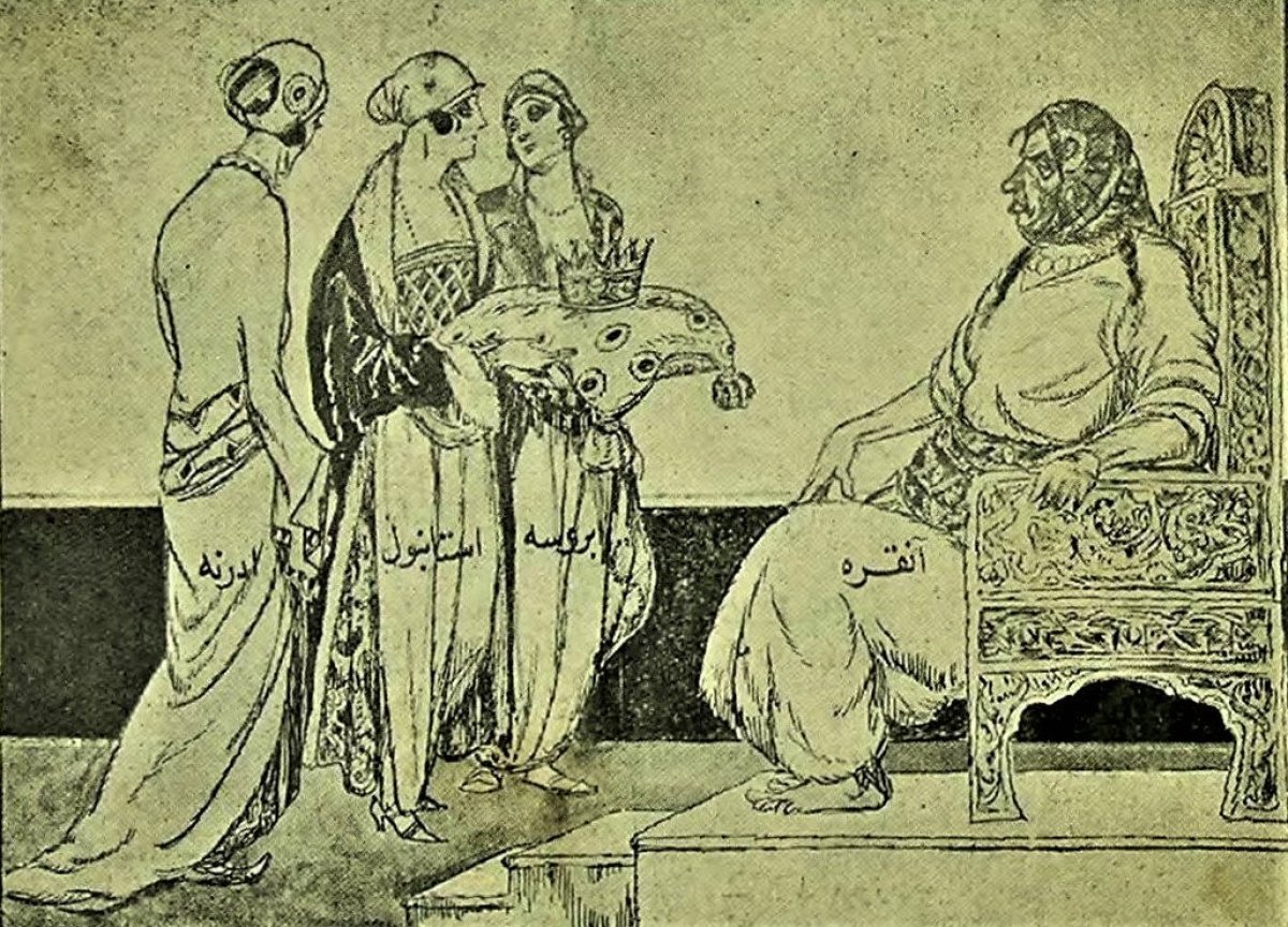 (Fotoğraf 2: İstanbul basının olumsuz bakışı karikatürlere de yansıyordu. Osmanlı başkentlerini (Bursa, Edirne, İstanbul) temsil eden üç kadın Ankara’yı temsil eden ve tahtta oturan köylü kadına başkentlik tacını teslim ettiği bir karikatür.)