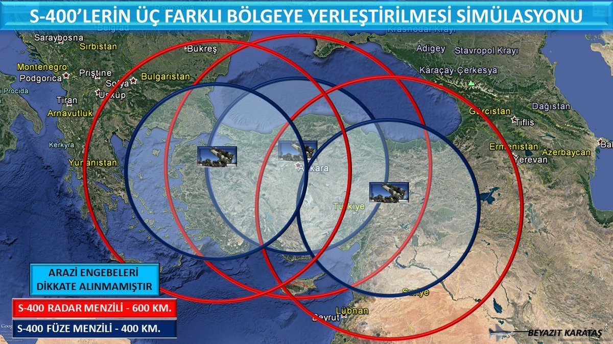 S-400'lerin üç farklı bölgeye yerleştirilmesi simülasyonu.